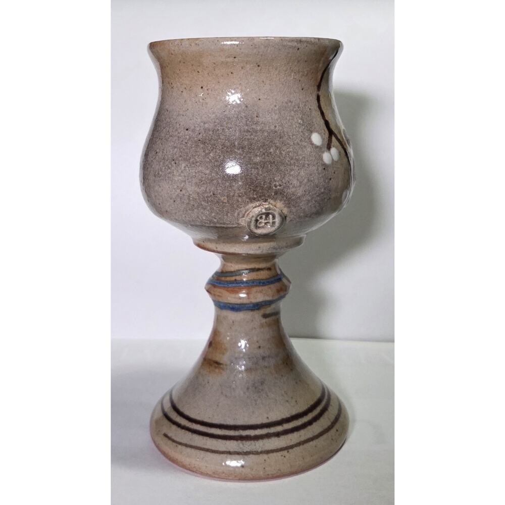 Vintage Signed Studio Art Pottery Wine Goblet Monogram Chop Mark Floral - Picture 2 of 8